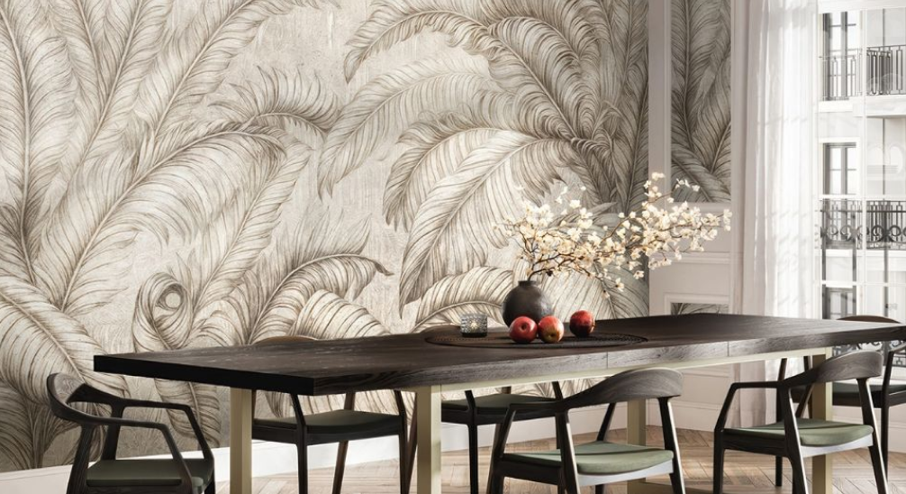 Big mural leaf forest wallpaper at dining room